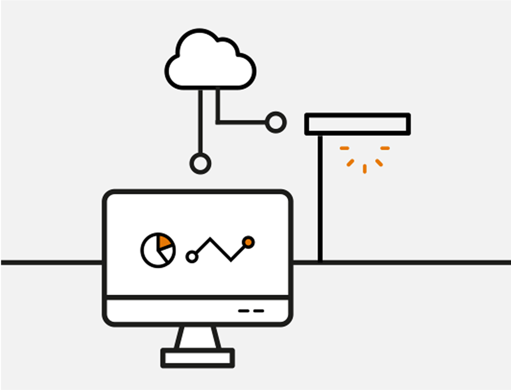 Icône représentant un luminaire de rue connecté à un cloud et à un tableau de bord informatique, symbolisant une passerelle Internet avec configuration à distance, réseau Smart City, surveillance des données et contrôle via un tableau de bord numérique.